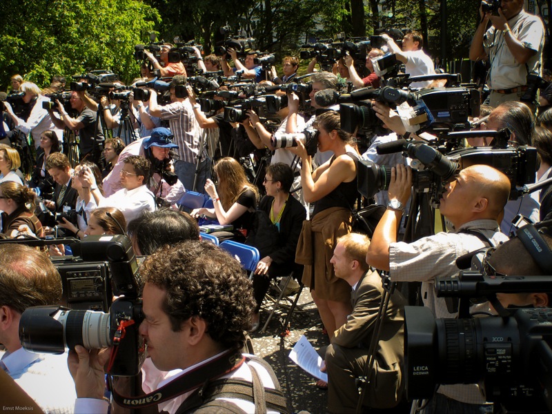 The media at a press conference by mayor Michael Bloomberg in Central Park New York May 2007