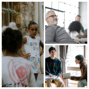 3 images. Left: girl with elbows pointed out, this is a sign of attempted dominance or a gesture that says we are ready for action. Top right: Man sitting, leaning back shows informality and indifference. Bottom right: woman leaning forward shows interest and attentiveness.