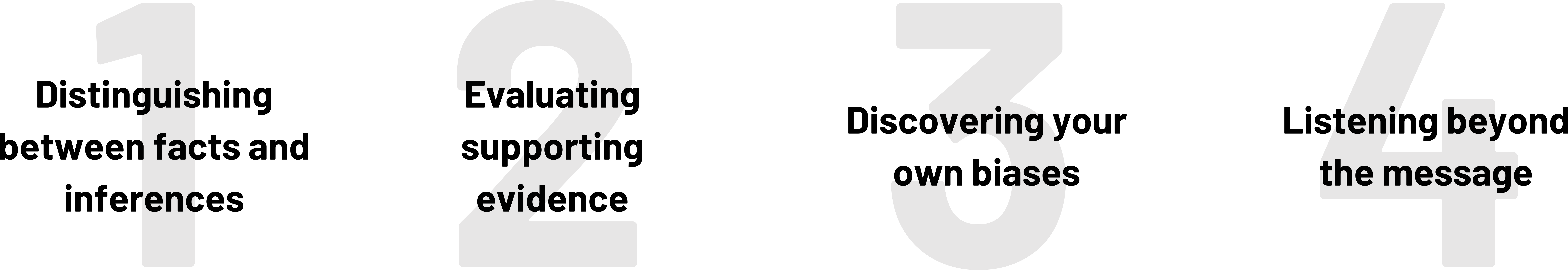 1: Distinguishing between facts and inferences. 2: Evaluating supporting evidence. 3: Discovering your own biases. 4: Listening beyond the message.