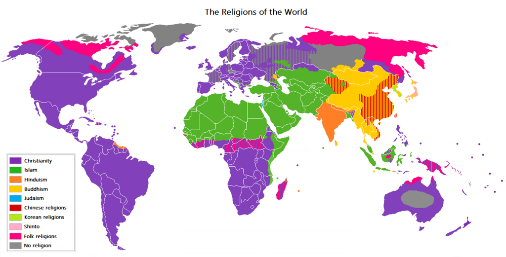 A map of the world, showing the major religions distributed in the world as of today.