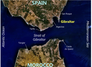 Annotated satellite map of Gibraltar and surrounding area