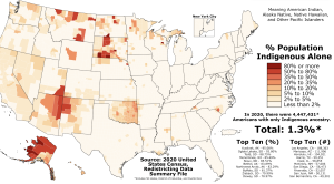 Proportion of Indigenous Americans (Including Native Hawaiians) in each county of the fifty states, Washington, D.C., and Puerto Rico as of the 2020 United States census