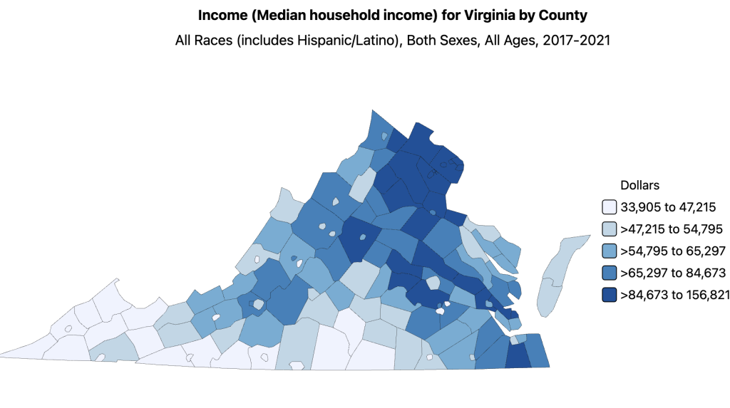 2017-2021 Household Income in VA by County