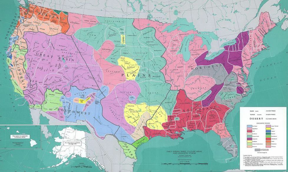 Map reconstituting the geographic culture areas of the early Native American tribes and the different Amerindian languages ​​that were spoken in the USA.