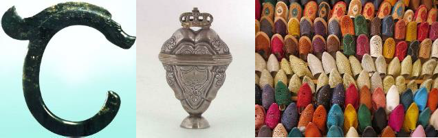 From left to right: The C-shaped jade dragon, Norwegian smelling salt container, and Traditional Moroccan shoes