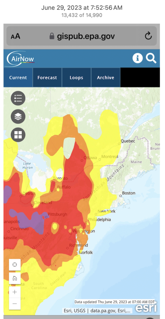 Map of Air Condition in much of the Northeastern and Midwestern US on June 29, 2023