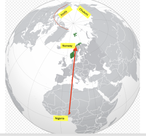 Globe showing the path from Nigeria in the tropics to Norway in high latitudes