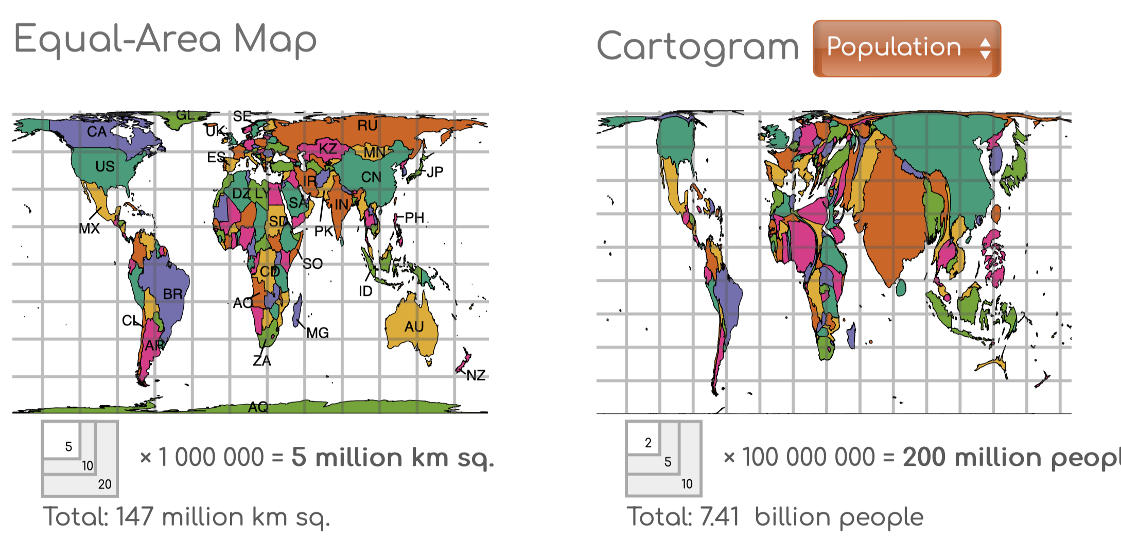 A comparison of the average world map where each country is drawn based on the size of its landmass, with a cartogram where each country is drawn based on its relative population size.