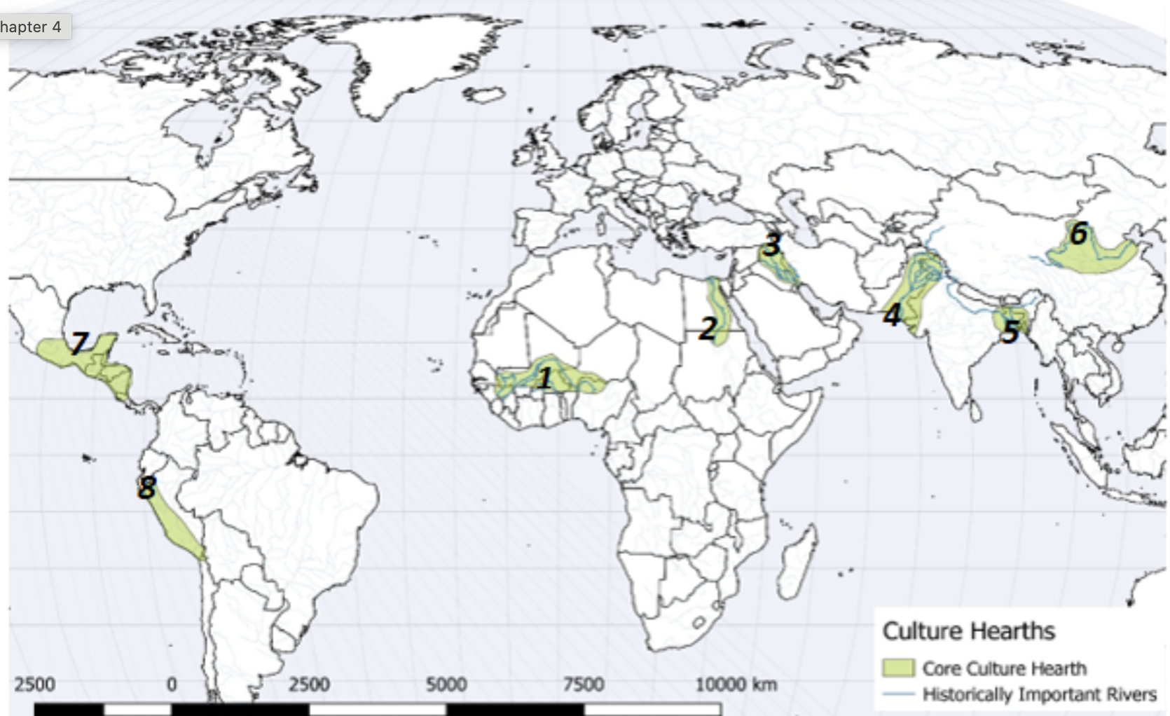 Depicts culture hearths and their associated rivers, where applicable