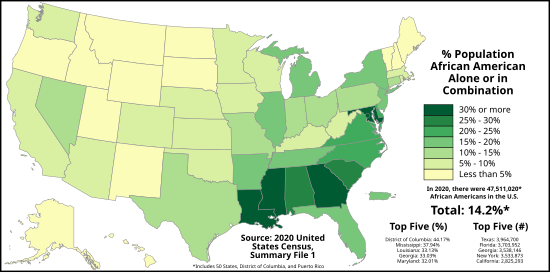 Proportion of African Americans in each U.S. state, Washington, D.C., and Puerto Rico as of the 2020 United States Census