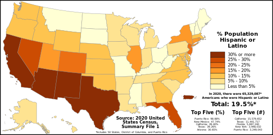 Proportion of Americans who are Hispanic in each US state, the District of Columbia, and Puerto Rico as of the 2020 United States Census