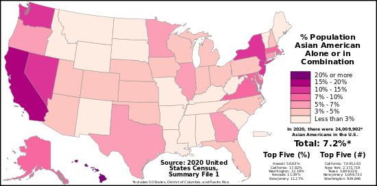 Proportion of Asian Americans in each U.S. state, the District of Columbia, and Puerto Rico as of the 2020 United States Census