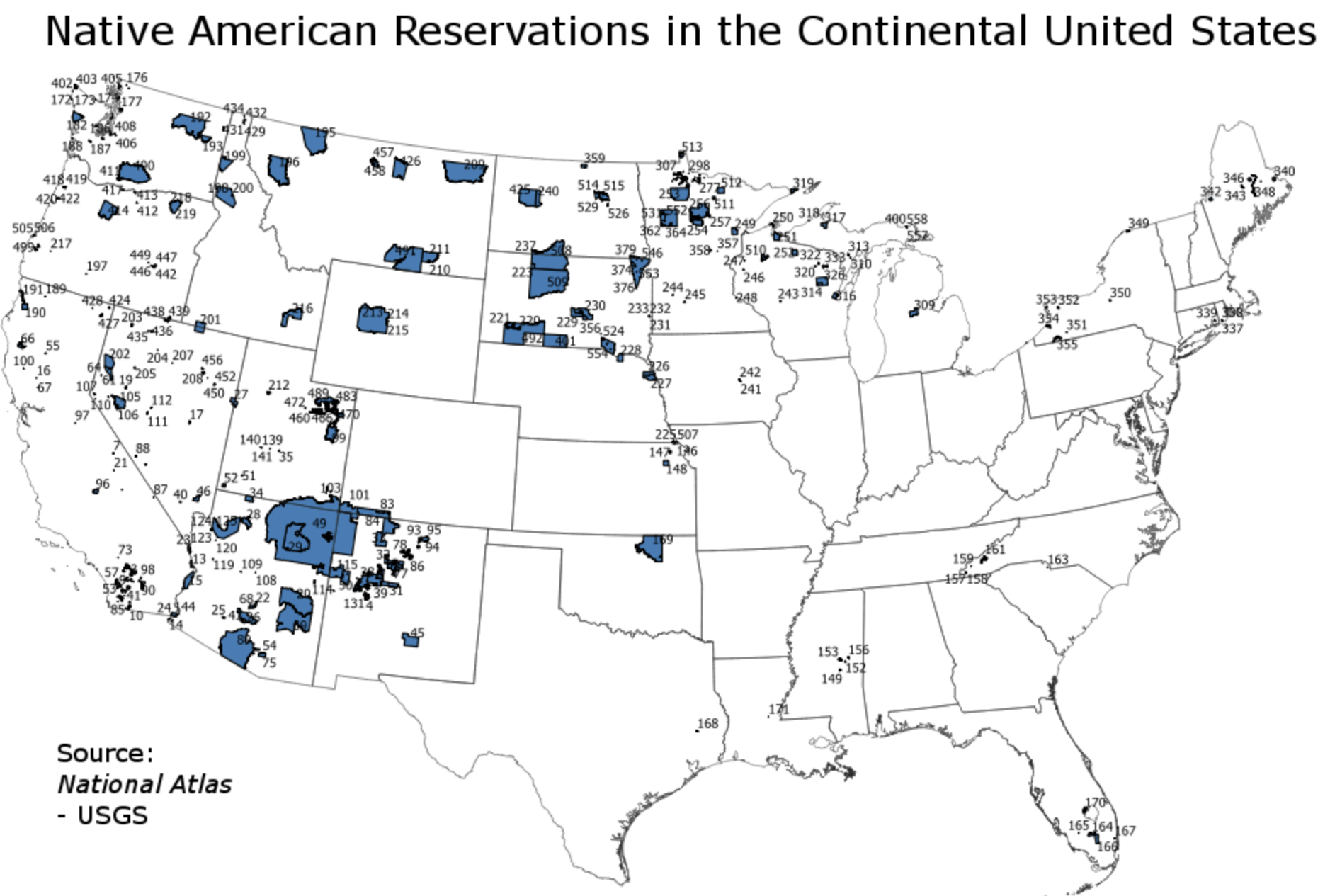 Map of Native American reservations in the Continental United States.