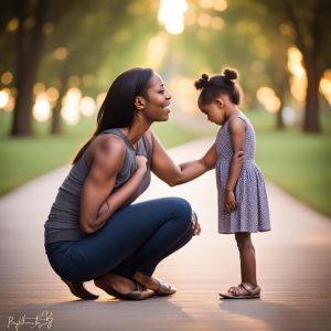 Mother crouching down to be at eye level with child who she is talking to.