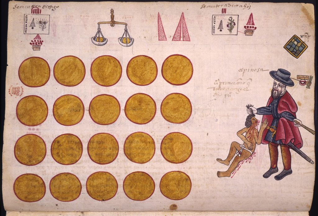 Image showing 20 gold disks and a man in European dress holding a native American man by the hair. The Native American is covered in blood, though he does not appear to be dead.