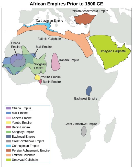 map showing the general locations of major West African empires before 1492