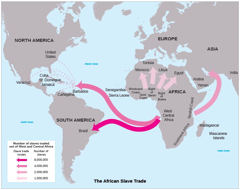 map showing the routes that were used in the course of the slave trade