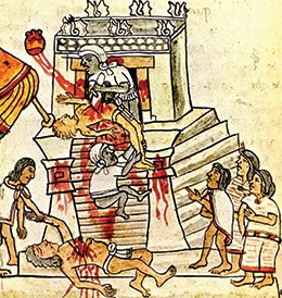 Illustration of an Aztec priest cutting out the beating heart of a sacrificial victim before throwing the body down from the temple