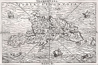 Sixteenth-century map showing the island of Hispaniola (present-day Haiti and Dominican Republic).