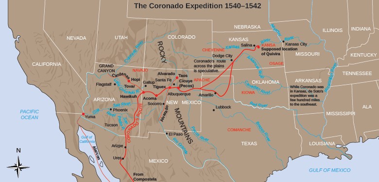 Map tracing Coronado’s path through the American Southwest and the Great Plains