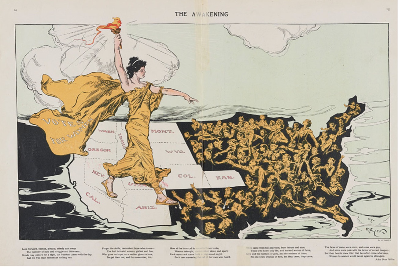 An editorial cartoon titled "The Awakening" shows a large, classically robed Suffragists striding eastward across a map of the United States. She holds a flaming torch aloft in her right hand, casting light over the western states, which are colored a light yellow and labeled with their names: Washington, Oregon, California, Arizona, Colorado, Wyoming, Montana, Idaho, Utah, and Kansas. A sash draped over her arm reads "VOTES FOR WOMEN". As she moves, a wave of women in yellow, with arms outstretched, appears to be emerging from the traditionally non-suffrage states in the East, following her light. The eastern states are depicted in a darker, shadowed tone. The overall impression is one of progress and the spread of the women's suffrage movement from West to East. Text at the bottom provides poetic commentary on the movement.