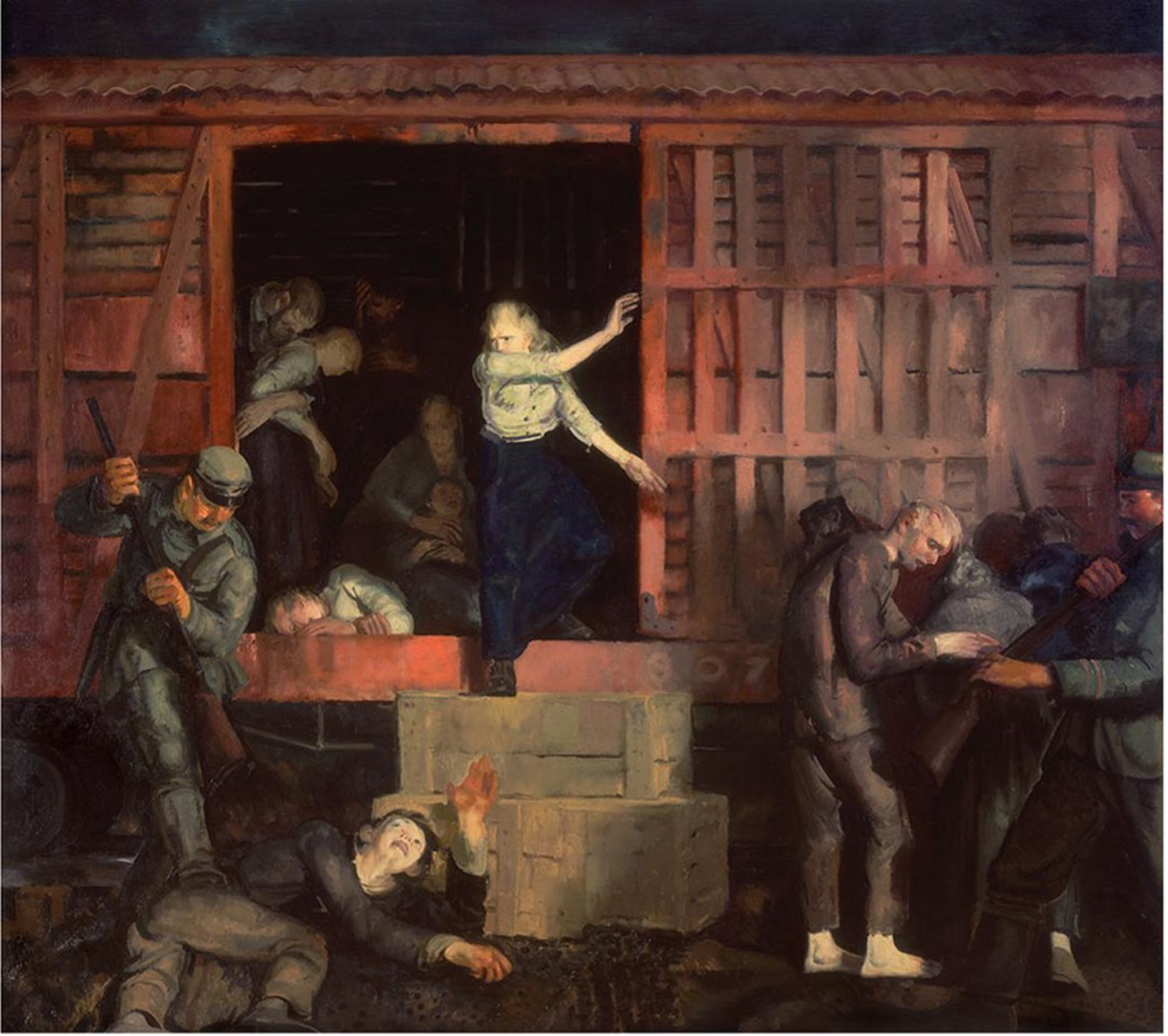 An oil painting, titled "Return of the Useless" by George Bellows, depicts a somber and chaotic scene outside a red train car. Several figures, possibly civilians, are being forced from or are disembarking the train. A woman in a light-colored top and dark skirt is prominently featured in the center, with her arms outstretched as if being pushed or losing balance. Below her, a figure lies on the ground, seemingly having fallen or been thrown. To the left, a German soldier with a rifle appears to be guarding the scene, while on the right, other figures, some appearing frail or injured, are being herded, with another German soldier holding a rifle. The overall mood is one of distress and hardship.