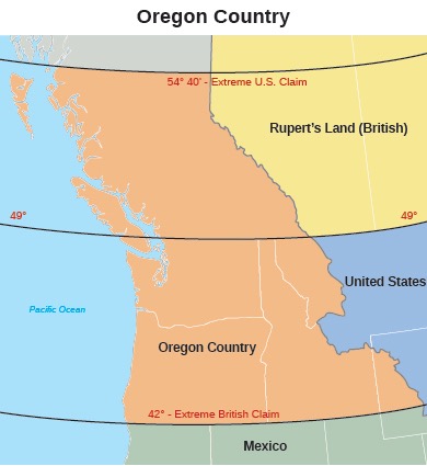 Map of Oregon that indicates the territorial area in contention between the US and Britain