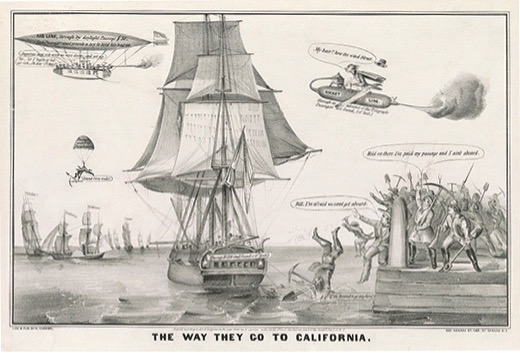 Currier & Ives lithograph or humorous ways people might travel to California