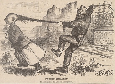 Lithograph depicting a White man attacking a Chinese man with a whip as he holds him by the queue.