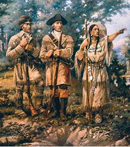Idealized painting of Sacagawea leading Lewis and Clark through the Montana wilderness
