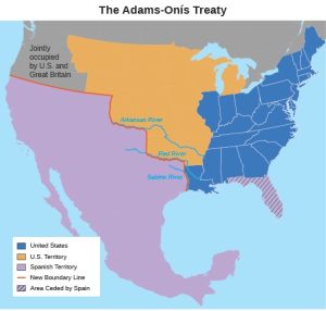 Map indicating the border between U.S. and Spanish territory established by the Adams-Onís Treaty of 1819