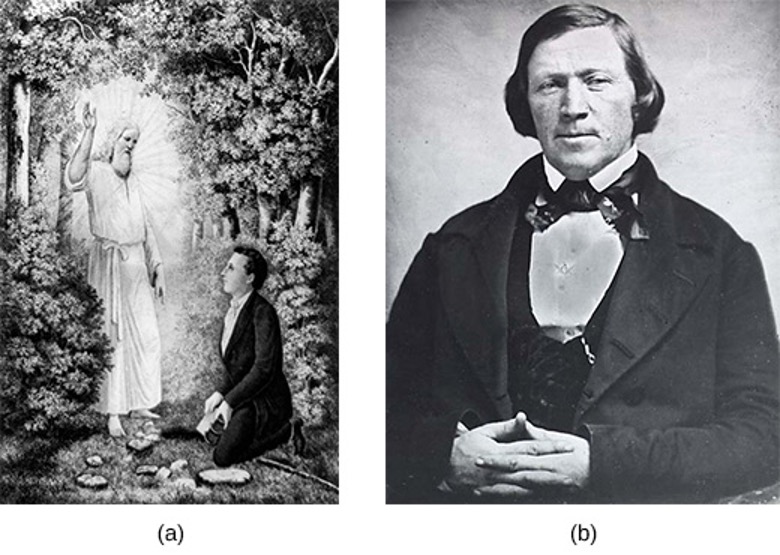 Two images. (a) Print depicting the angel Moroni delivering the plates of the Book of Mormon to Joseph Smith and (b) portrait of Brigham Young