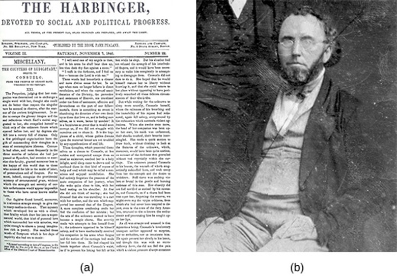 Two Images. (a) A printed page from the Harbinger and (b) portrait of George Ripley