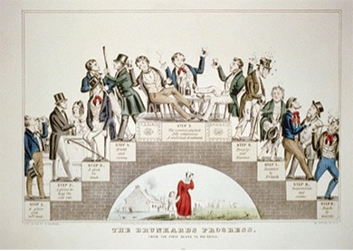 Print that depicts the steps a drunkard takes from one sip to death.