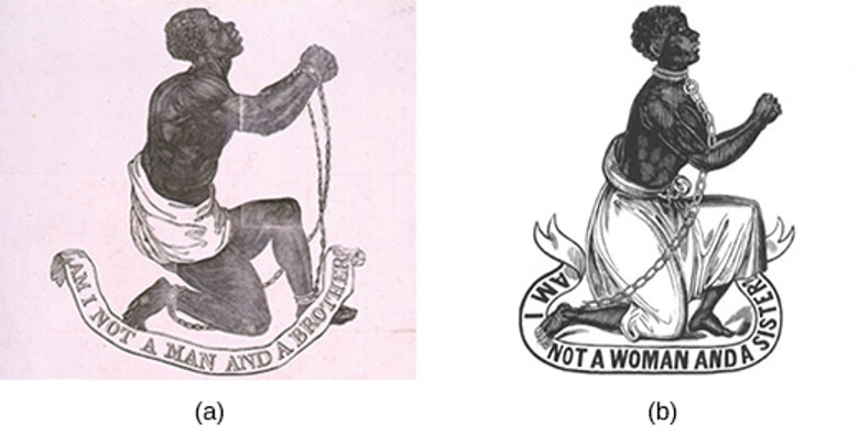 Two Woodcuts. (a) image of an enslaved man in chains pleading and (b) image of an enslaved woman in chains pleading.