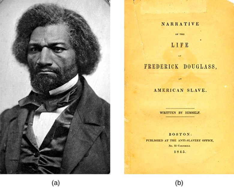 Two images. (a) ambrotype of Frederick Douglass and (b) Frontispiece to Douglass's book "Narrative of the Life of Frederick Douglass"