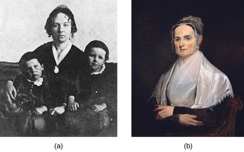 Two images. (a) tintype of Cady Stanton sitting between her two children and (b) painting of Lucretia Mott