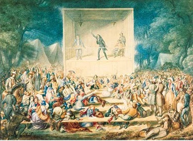 Print of a religious camp meeting with a minister on the stage preaching to a large crowd of people