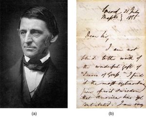 Two images. (a) Portrait of Ralph Waldo Emerson and (b) a letter from Emerson to Walt Whitman