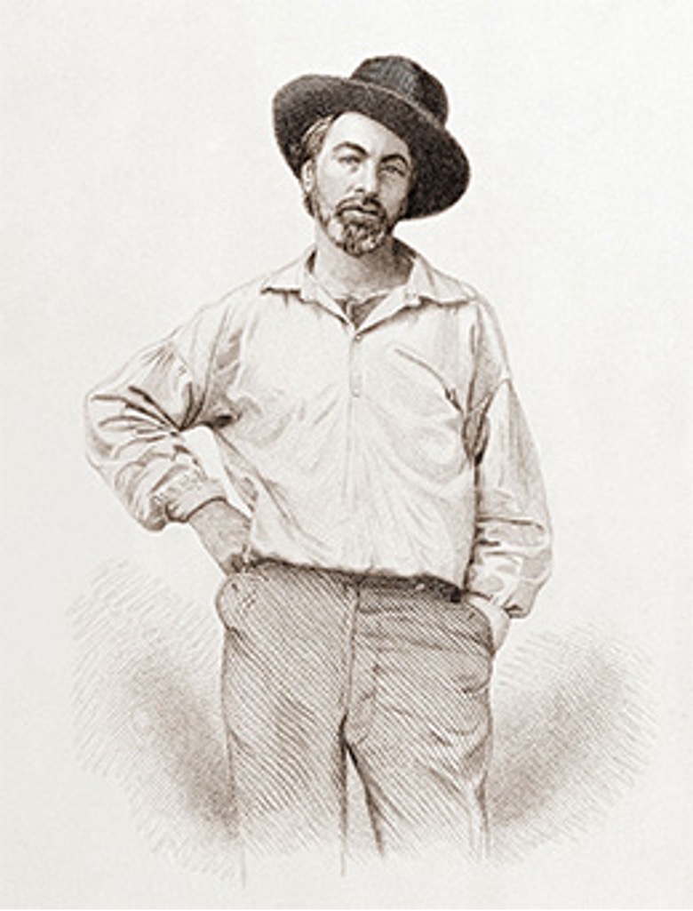Steel engraving of a 3/4 portrait of Walt Whitman