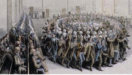 Print of a Shaker Dance with men and women dancing separately in concentric circles.