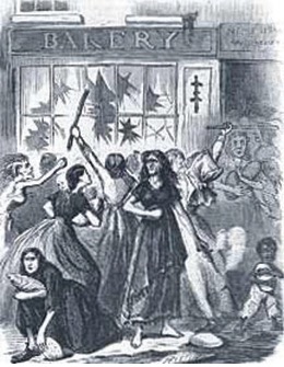 Political cartoon depicting women attacking shops in the Richmond Food Riot