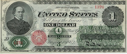 Union "Greenback" one dollar bill with image of a Union official in the left hand corner