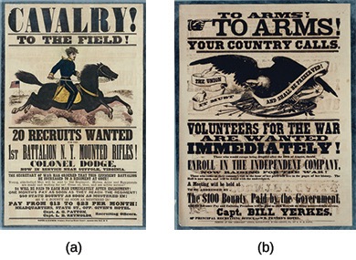 Two recruitment posters. (a) calls for men to join the cavalry and the other is a "Call to Arms"