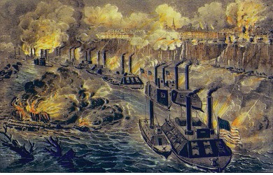 Print of Union gun boats firing on the defenses around Vicksburg.