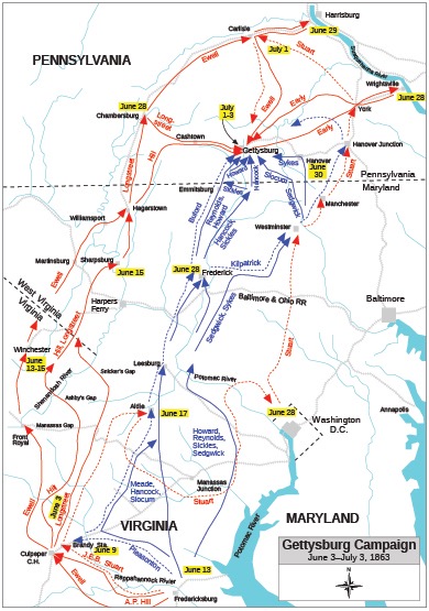 Map depicting the troop movements during the three day battle of Gettysburg