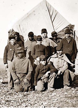 Photograph of White and Black Union soldiers in front of a tent
