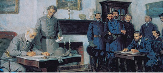 Painting of Robert E. Lee surrendering to Ulysses S. Grant. The two generals are are seated at separate tables with their staff standing in the room. Lee is signing the surrender papers.