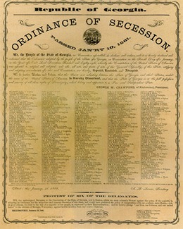 Print of Georgia’s Ordinance of Secession with signatures of those who approved it.