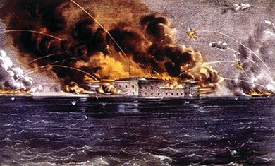 Print depicting the attack on Fort Sumter. Fire is rising from the fort.